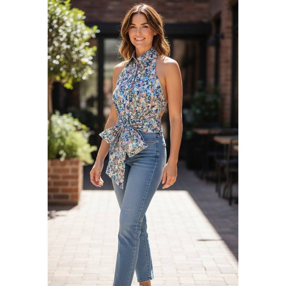 Maeve By Anthropologie Floral Halter Tie Front Bow Top Blouse Boho Chic Coastal